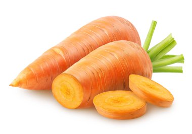 Havuç grubudur. Bütün ve kesilmiş havuç, kırpma yolu ile beyaz arka plan üzerinde izole dilimleri