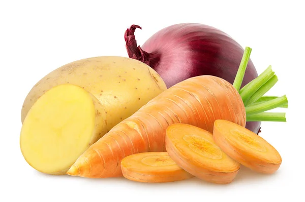 Isoliertes Gemüse. ganze Karotte mit Scheiben, Kartoffel mit Scheibe, Zwiebeln isoliert auf weißem Hintergrund, mit Schneideweg — Stockfoto
