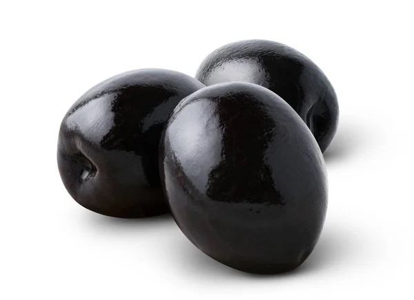 Isolierte Oliven. drei schwarze Oliven isoliert auf weißem Hintergrund, mit Schneideweg — Stockfoto