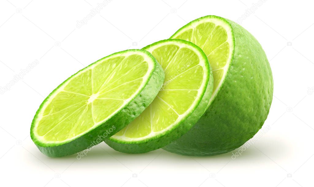 Isolated lime slices. Sliced lime fruit isolated of white background with clipping path
