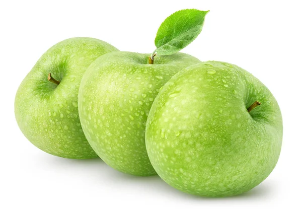 Manzanas húmedas aisladas. Tres frutas de manzana verdes enteras aisladas sobre fondo blanco con ruta de recorte — Foto de Stock