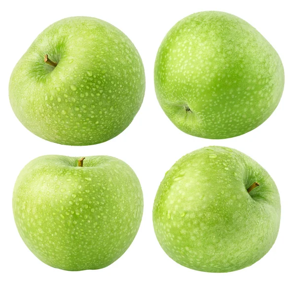 Απομονωμένη υγρό μήλα. Συλλογή από ολόκληρο πράσινο μήλο φρούτα που απομονώνονται σε λευκό φόντο με διαδρομή αποκοπής — Φωτογραφία Αρχείου