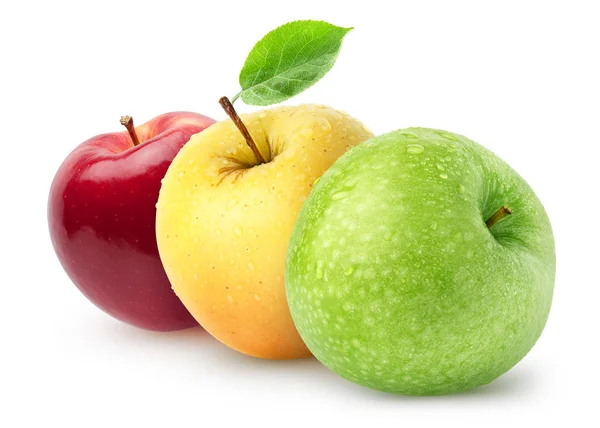 Manzanas húmedas aisladas. Frutos de manzana verde, amarilla y roja aislados sobre fondo blanco con ruta de recorte — Foto de Stock