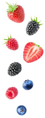 Isolated flying berries. Strawberry, blackberry, raspberry, blueberry fruits isolated on white background with clipping path clipart