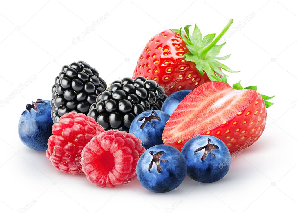 Isolated bunch of berries. Blackberry, raspberry, blueberry, strawberry fruits isolated on white background, with clipping path