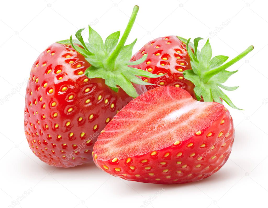 Isolated strawberries. Two whole strawberry fruits and half isolated on white background, with clipping path