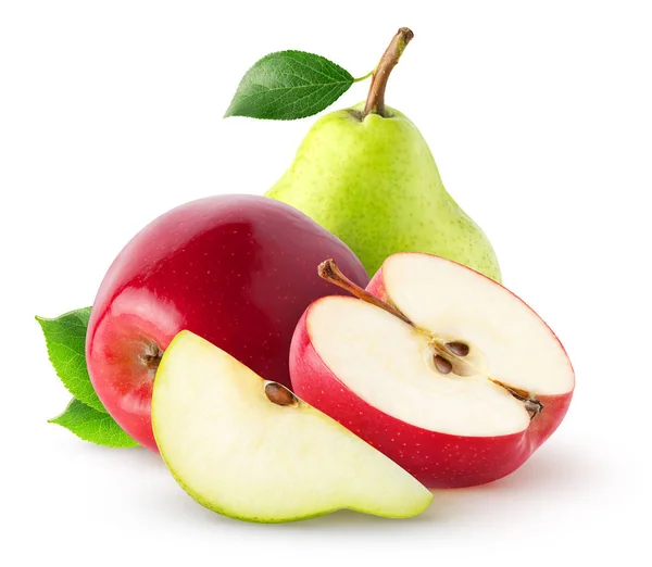 Meyve izole grubudur. Yarısı izole kırpma yolu beyaz zemin üzerine dilim ve kırmızı elma ile bütün sarı armut — Stok fotoğraf