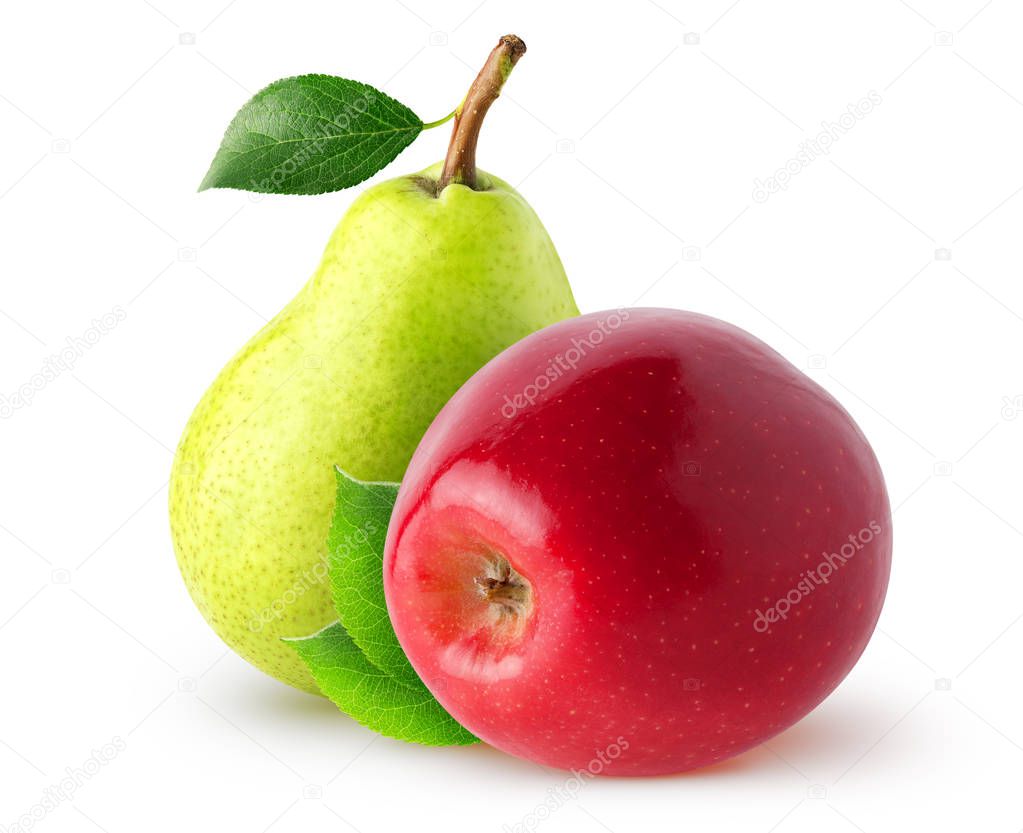 Isolated fruits. Whole yellow pear and red apple with leaves isolated on white background with clipping path