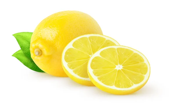 Geïsoleerde citroenen. Hele citroen fruit en segmenten met bladeren geïsoleerd op wit met uitknippad — Stockfoto
