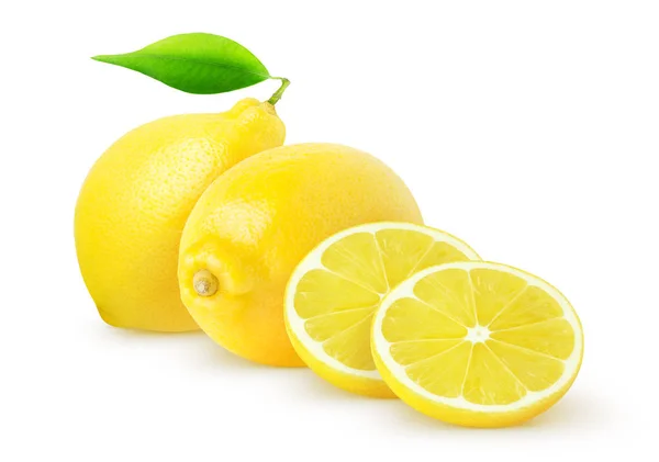 Isolated lemons. Two whole lemon fruit and slices with leaves isolated on white with clipping path — Stock Photo, Image