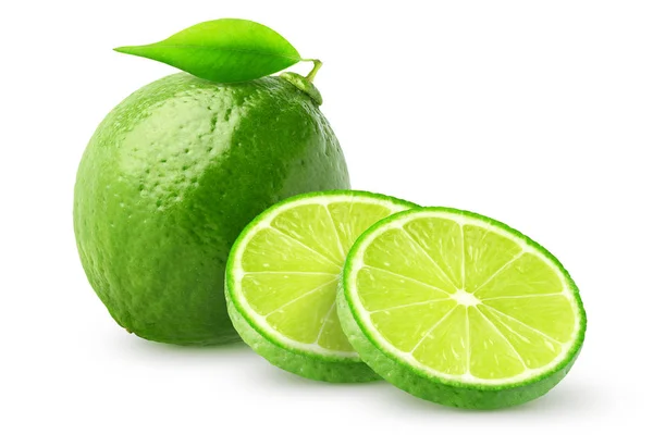 Fruits isolés au citron vert. Fruits entiers de lime et tranches isolées de fond blanc avec chemin de coupe — Photo