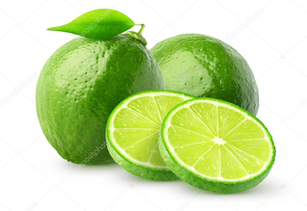 Isolated lime fruit. Two whole lime fruits and slices isolated of white background with clipping path