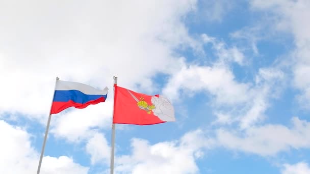 Флаг России Флаг Эмблемой Вологды Движущейся Ветру Против Голубого Неба — стоковое видео