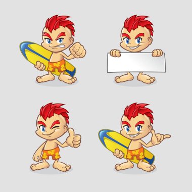 Bir sörf tahtası tutarak ve Tamam yapıyor mayo giyen çizgi film adam karakter kümesi