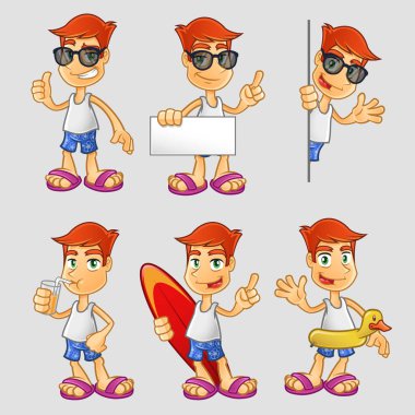 Çizgi film adam karakteri farklı pozlar ve yaz tatil elemanları ile ifadeler kümesi