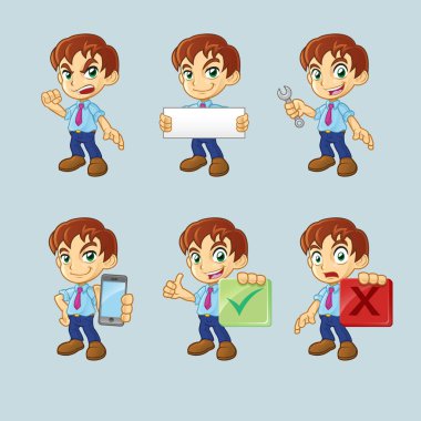 6 alt çizgi film adam karakteri farklı pozlar ve ifadeler kümesi