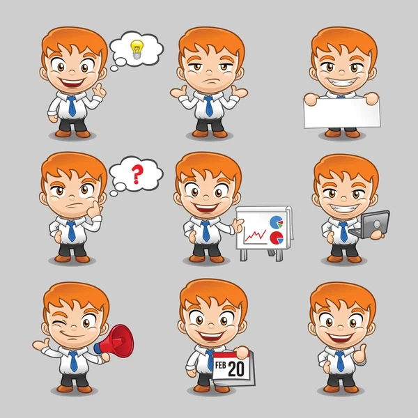9 işadamı çizgi film adam karakteri farklı pozlar ve ifadeler kümesi