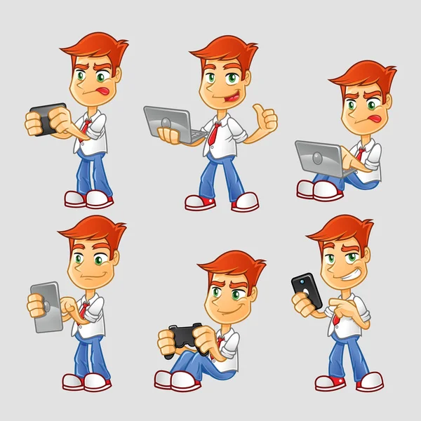 Teknoloji ve oyun gadget'lar holding karikatür adam karakterini ayarlamak