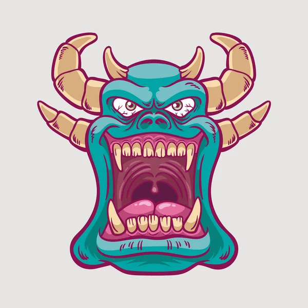 Yeşil canavar boynuzları ve çenesi ile gülümseyen