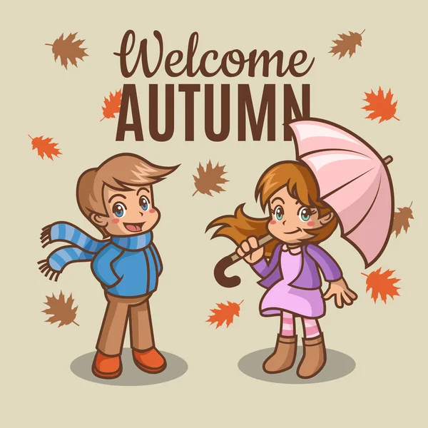 Mutlu küçük kız ve erkek Güz