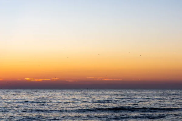 Bandeira com bóia no meio do mar. Pôr do sol e pássaros voadores — Fotografia de Stock