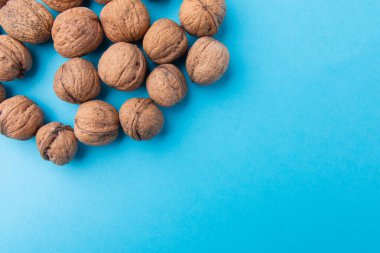 Beyaz arka planda cevizler. Mesaj için yer. Yukarıdan