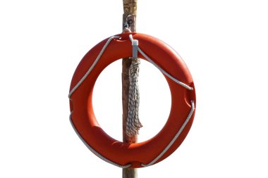 Yaşam çizgisi ip, yakın çekim, beyaz arka plan ile bir ahşap direğe monte