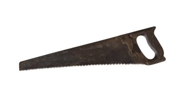 El marangozluk aletleri. Ahşap üzerine beyaz bir arka plan üzerinde demir testeresi