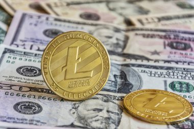 İki altın sikke Litecoin banknotlar, yakın çekim, arka plan bulanıklık