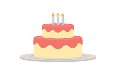 İki katlı üç mum ile şenlikli bir pasta resimli çizim