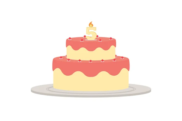 An illustrated drawing of a festive cake of two tiers with a candle in the form of the number five
