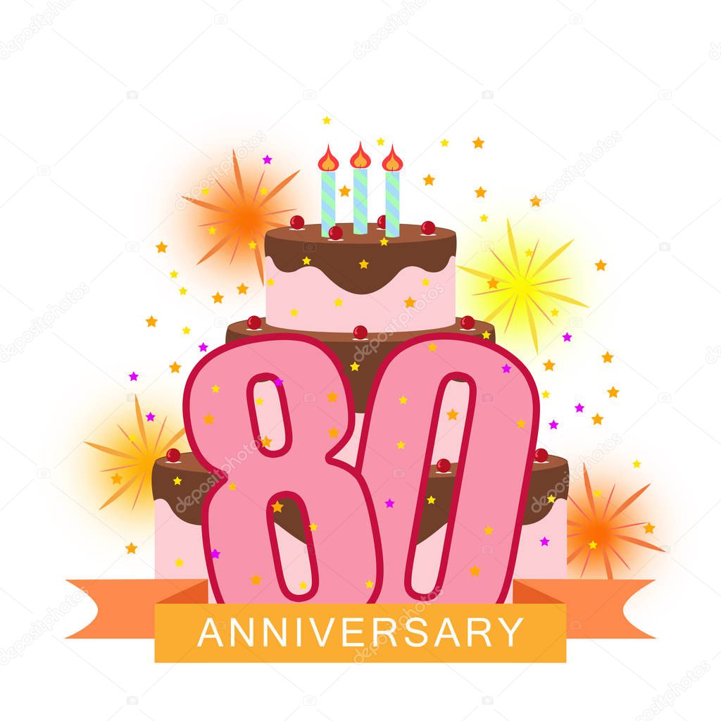 Illustrated image with number eighty, cake, fireworks and star rain