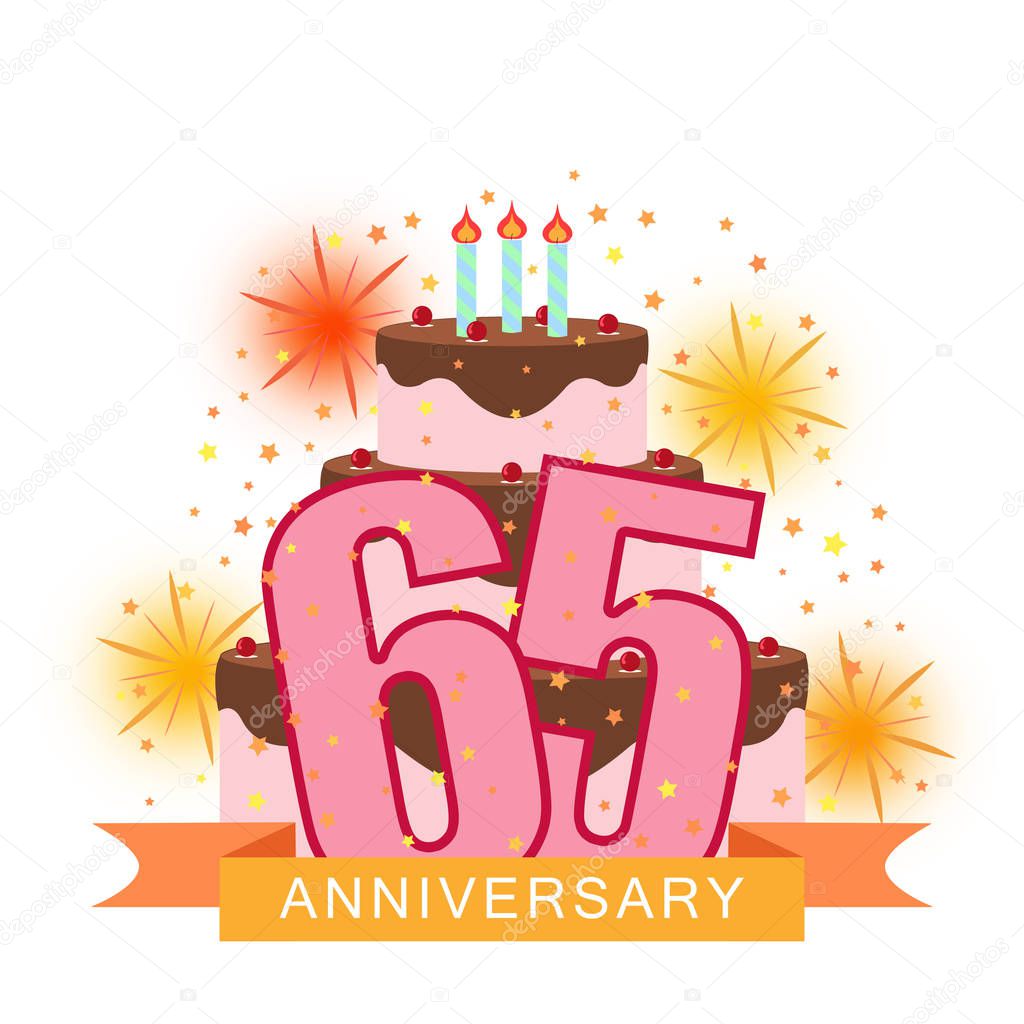 Illustrated image with the number sixty-five, cake, fireworks and star rain