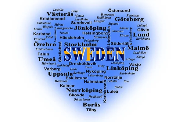 Nel Contorno Blu Del Cuore Scritta Parola Svezia Città Elencate — Foto Stock