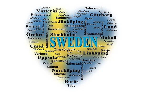 Outline of the heart in the colors of the Swedish flag, written the word Sweden and listed the city in Swedish, white background