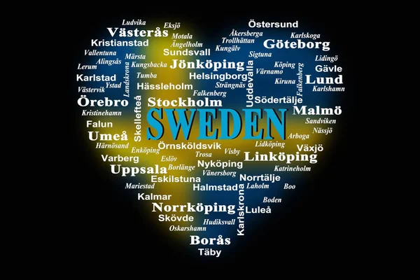 The contour of the heart in the colors of the Swedish flag, the written word Sweden and listed the city\'s in Swedish, black background