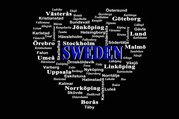 Контуре Сердца Написано Слово Швеция Города Перечисленные Шведском Черный Фон — стоковое фото
