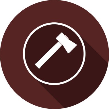 Bir balta simgesi. Uzun gölge ile beyaz daire üzerinde beyaz düz görüntü