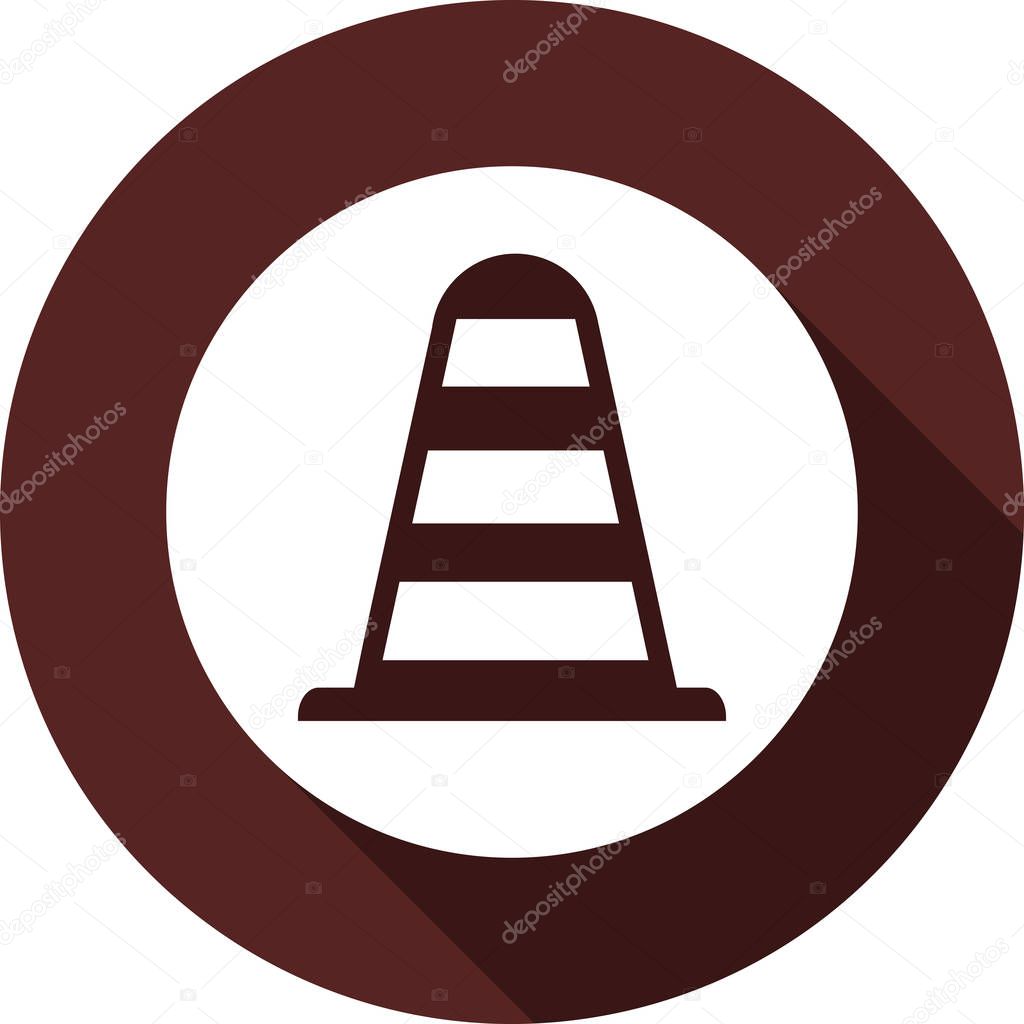 Icon is a traffic cone. White flat image on white circle with long shadow