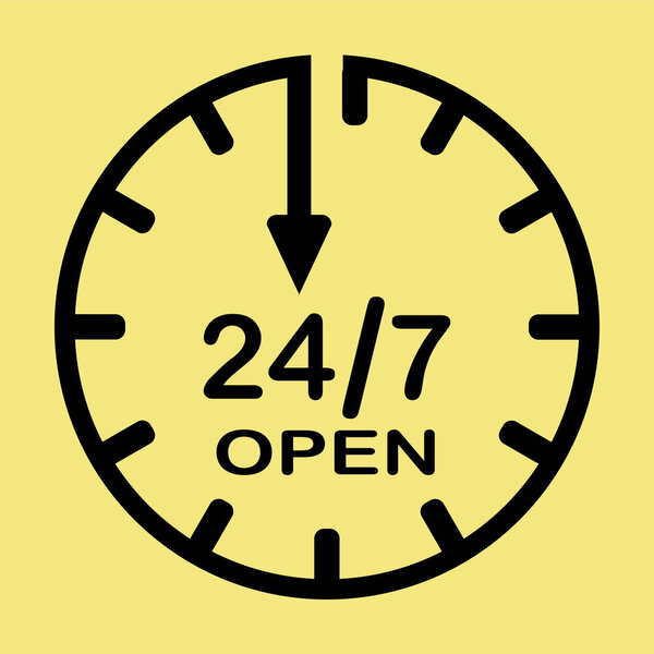 Vector icon 24/7 open on a yellow background