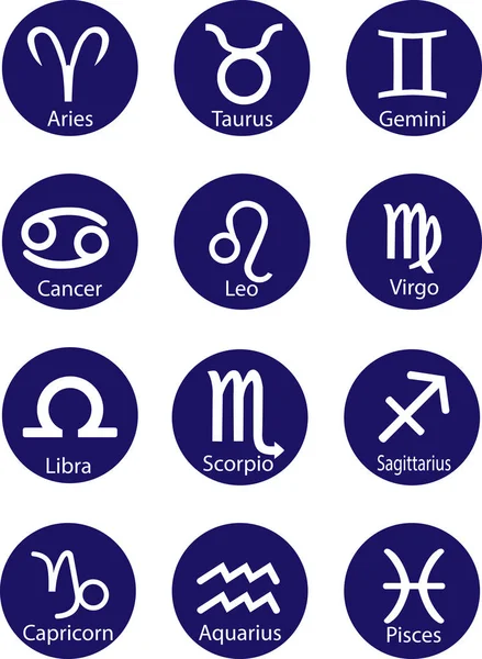 Sul Cerchio Blu Zodiaco Segni Icone Con Iscrizioni Immagine Piatta — Vettoriale Stock
