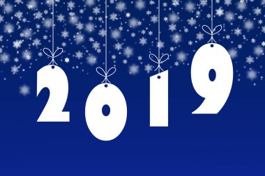 Şablon için yeni 2019 yılı için tebrik ederim. kar tanesi ile mavi bir arka plan üzerinde beyaz 2019 numaraları