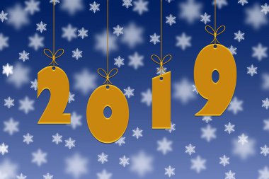 Şablon için yeni 2019 yılı için tebrik ederim. kar taneleri ile mavi bir arka plan üzerinde 2019 altın numaraları