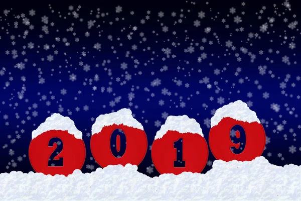 空白为新年问候与数字2019在雪和蓝色梯度背景与雪花 — 图库照片