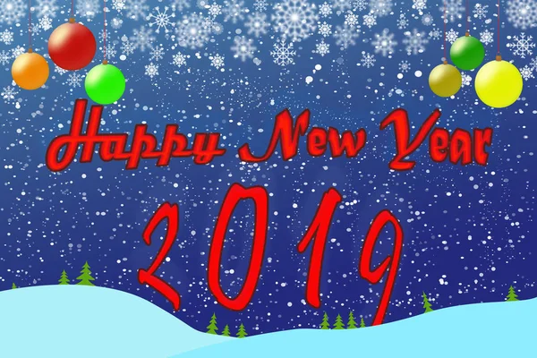 Шаблон Новогодних Поздравлений 2019 Года Синий Фон Рождественскими Красочными Шарами — стоковое фото