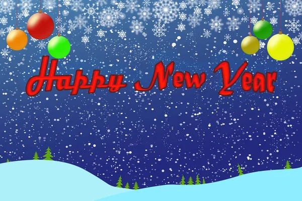 Vorlage Für Neujahrsgrüße Blauer Hintergrund Mit Farbigen Weihnachtskugeln Und Schneeflocken — Stockfoto