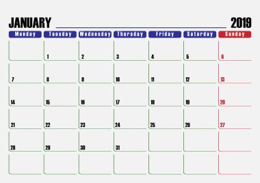 Ocak 2019, kapalı bir gün için Zamanlayıcı takvim sayfası