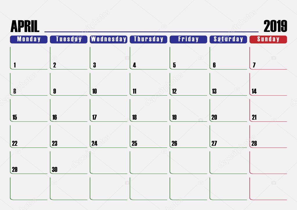 Calendar scheduler. Leaf for April 2019, one day off.
