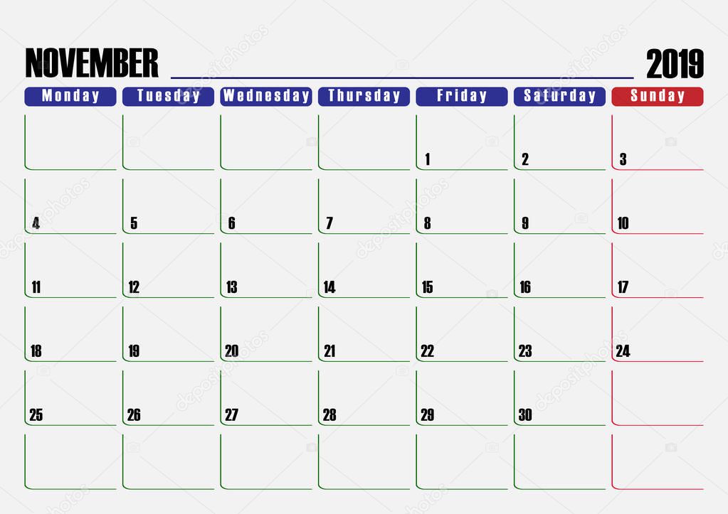 Calendar scheduler. Leaf for November 2019, one day off.
