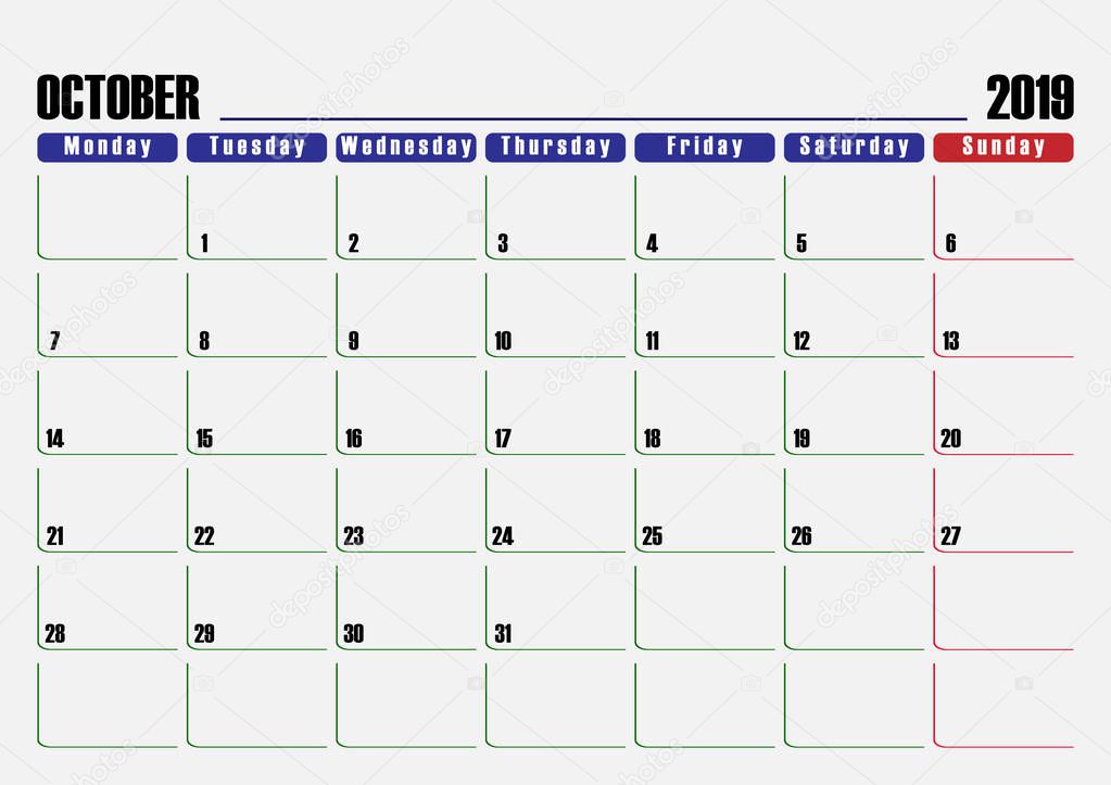 Calendar scheduler. Leaf for October 2019, one day off.